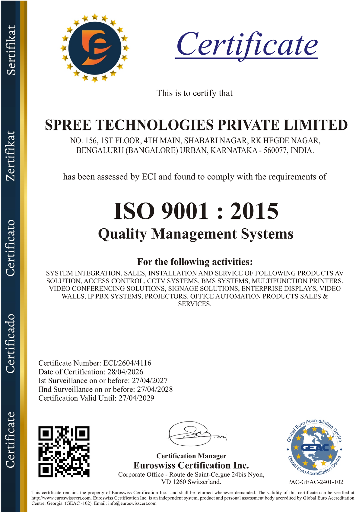 ISO 9001:2015 Quality Management Systems certificate